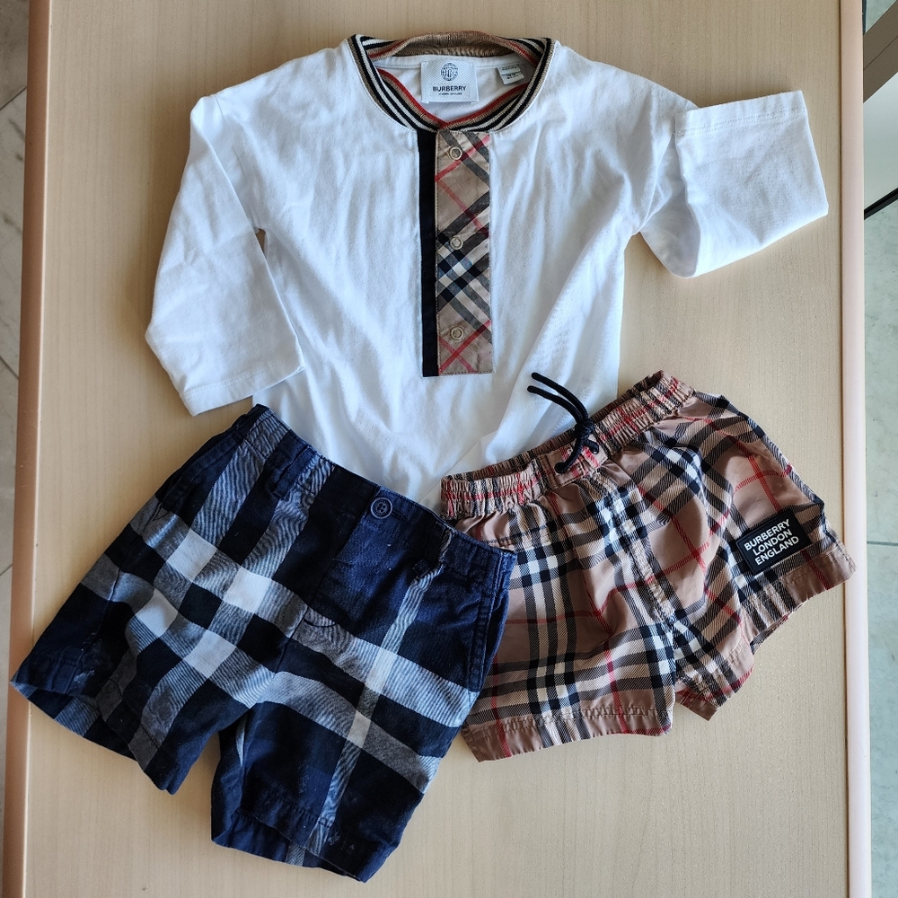Burberry Kids White Shirt and Plaid Shorts Set